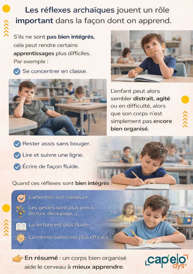 Affiche pédagogique : les réflexes archaïques jouent un rôle important dans la façon dont on apprend. Mal intégrés, ils rendent plus difficile de se concentrer en classe, rester assis, suivre une ligne en lisant et écrire de façon fluide. Bien intégrés, l'attention est meilleure, les gestes plus précis, la lecture plus fluide et la mémorisation plus efficace.